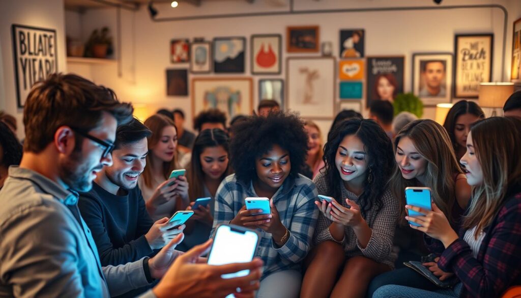 A bustling community of micro-influencers, each connected and engaged with their loyal followers. In the foreground, a group of content creators brainstorming ideas, their faces lit by the soft glow of smartphone screens. In the middle ground, a lively discussion unfolds, hands gesturing animatedly as they share insights and strategies. The background is a warm, inviting space, filled with cozy furnishings and inspirational artwork, creating an atmosphere of creativity and collaboration. Soft, diffused lighting casts a gentle hue, while a wide-angle lens captures the dynamic energy of the scene. This image conveys the power of micro-influencers to build deep, meaningful connections with their audience through authentic, community-driven engagement.