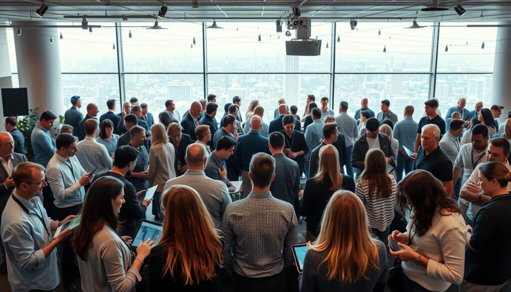 A bustling, interconnected web of professionals gathered in a modern, well-lit coworking space. The foreground features small groups engaged in animated discussions, laptops and tablets in hand, while the middle ground showcases a larger networking event with speakers and presentations. The background reveals a panoramic view of the city skyline, conveying a sense of opportunity and progress. Soft, diffused lighting creates a warm, inviting atmosphere, and the clean, minimalist design of the space emphasizes collaboration and productivity. The overall scene captures the essence of a vibrant professional networking community, brimming with energy, ideas, and the potential for growth.