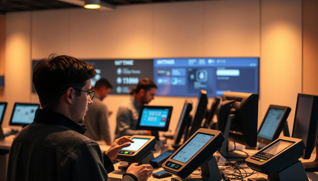 A bustling payment processing station, with various payment terminals and computers arranged in a well-organized manner. The scene is illuminated by warm, focused lighting, casting subtle shadows that accentuate the technological elements. In the foreground, a customer is engaged in a transaction, their expression reflecting the common challenges faced during the payment process, such as confusion or frustration. The middle ground showcases a range of payment options, including credit cards, mobile wallets, and online payment gateways. The background features a sleek, minimalist design, with clean lines and a sense of professionalism, suggesting the advanced nature of the payment processing infrastructure. The overall mood conveys the complexity and importance of seamless payment processing for small e-commerce stores.