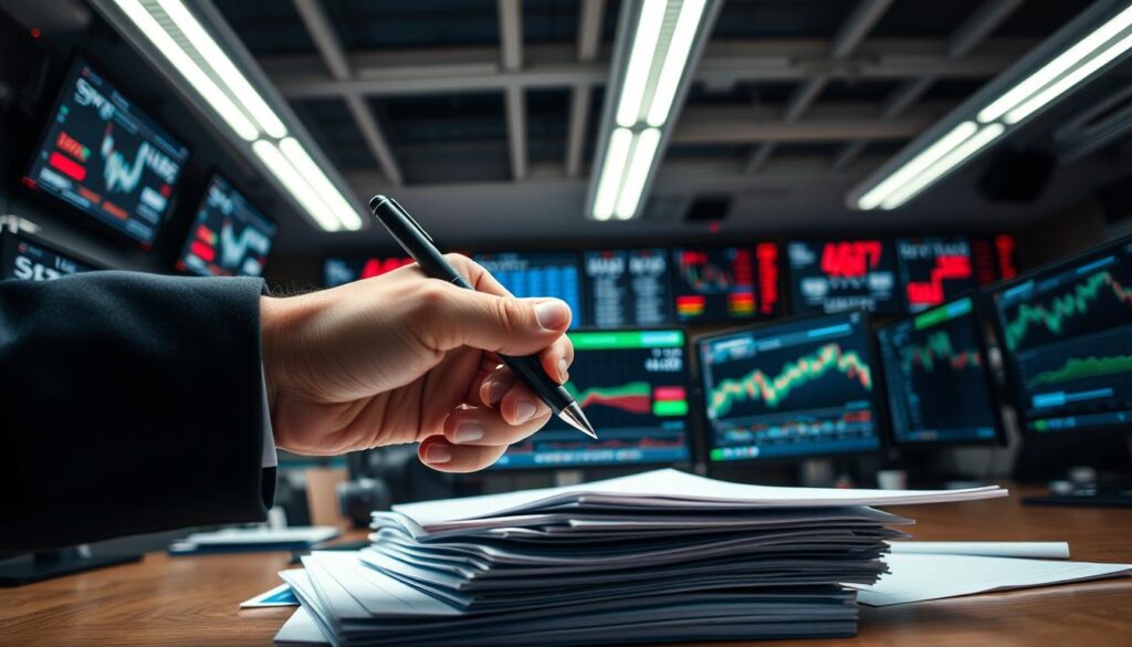 A busy office setting with a sense of urgency and tension. In the foreground, a hand clutching a pen hovers over a stack of documents, conveying a feeling of pressure and the need to act quickly. The middle ground features a computer screen displaying charts and graphs, indicating the need to analyze data and make decisions rapidly. The background shows a wall of monitors displaying real-time market data, creating a heightened sense of the fast-paced, ever-changing nature of the marketing industry. Bright, fluorescent lighting casts a clinical, almost overwhelming glow, heightening the sense of urgency. The overall atmosphere is one of intensity, with a tight composition and a sense of limited time.