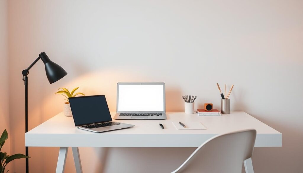 A cozy home office setup with a minimalist white desk, a sleek laptop, a potted plant, and a pair of stylish office supplies. The scene is illuminated by soft, warm lighting from a floor lamp, casting a gentle glow on the workspace. The background features a neutral-toned wall, allowing the workspace to take center stage. A sense of simplicity and productivity pervades the scene, inviting the viewer to imagine themselves in this serene and efficient blogging setup.