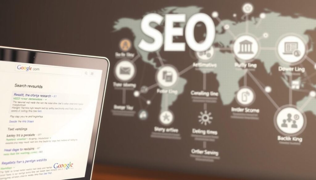 A detailed, step-by-step illustration of SEO basics. In the foreground, a search engine results page with a website ranking high in the organic listings. In the middle ground, icons and infographic elements representing key SEO factors like keyword research, on-page optimization, and backlink building. In the background, a stylized world map or network diagram, conveying the global reach and interconnected nature of search engine optimization. The lighting is soft and natural, with a slight warm tone. The overall mood is informative and authoritative, guiding the viewer through the fundamentals of improving a website's search engine visibility.