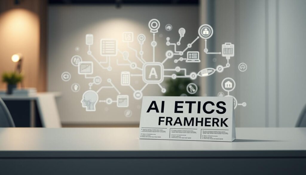 A high-resolution, detailed image of an AI ethics framework, shot with a professional-grade camera and a wide-angle lens. The foreground features a tangible, physical representation of the framework, displayed on a sleek, modern desk with clean lines and a minimalist aesthetic. The middle ground showcases various AI-related symbols and icons, such as circuit boards, data visualizations, and robotic limbs, all interconnected and arranged in a harmonious, thought-provoking manner. The background is softly blurred, conveying a sense of depth and emphasizing the central focus on the AI ethics framework. The lighting is well-balanced, creating a professional, authoritative atmosphere that evokes a sense of importance and gravitas surrounding the topic.