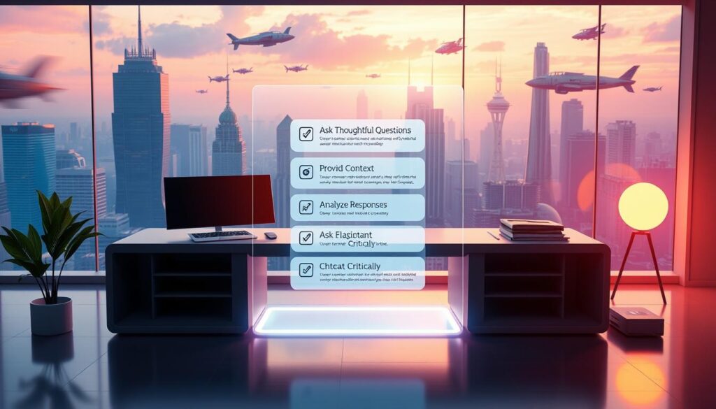 A high-resolution, digital artwork depicting tips for effective ChatGPT interaction. The image shows a vibrant, futuristic workspace, with a modern desk and a large, holographic display in the foreground. The display showcases various interaction tips, such as "Ask Thoughtful Questions", "Provide Context", and "Analyze Responses Critically", presented in a clean, minimalist style. The background features a cityscape, with skyscrapers and flying vehicles, creating a sense of technological advancement. The lighting is a combination of soft, natural tones and vibrant, neon-like hues, evoking a sense of innovation and productivity. The overall mood is one of efficiency, productivity, and technological sophistication.