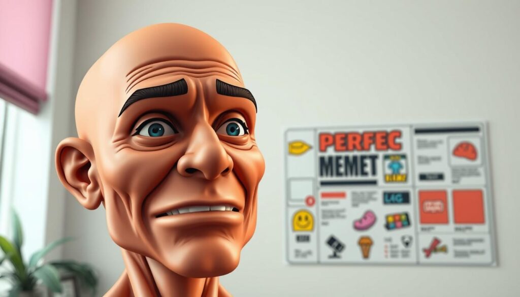 A meticulously crafted digital illustration depicting the "perfect meme anatomy". In the foreground, a highly detailed, anatomically accurate human face with exaggerated, cartoonish features and expressions that instantly convey a relatable emotion or reaction. In the middle ground, a series of bold, eye-catching graphic elements - vibrant colors, dynamic shapes, and playful icons - that instantly grab the viewer's attention. In the background, a minimalist, clean-lined layout with strategic use of negative space, allowing the central meme components to shine. The overall composition is balanced, cohesive, and designed to maximize visual impact and shareability. Lit by natural, diffused lighting for a polished, realistic look, captured with a medium-wide angle lens to emphasize the subject. The mood is fun, lighthearted, and highly memeable.