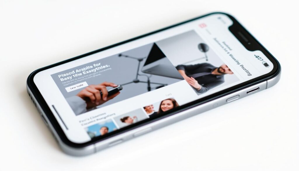 A mobile-optimized Elementor website displayed on a smartphone, with a clean, minimalist layout showcasing various responsive design elements. The screen shows a well-structured page with intuitive navigation, high-quality images, and seamless user interactions. The interface is presented in a soft, natural lighting, captured from a slightly elevated angle to emphasize the device's sleek form factor. The overall mood conveys a sense of efficiency, simplicity, and a positive user experience tailored for mobile devices.