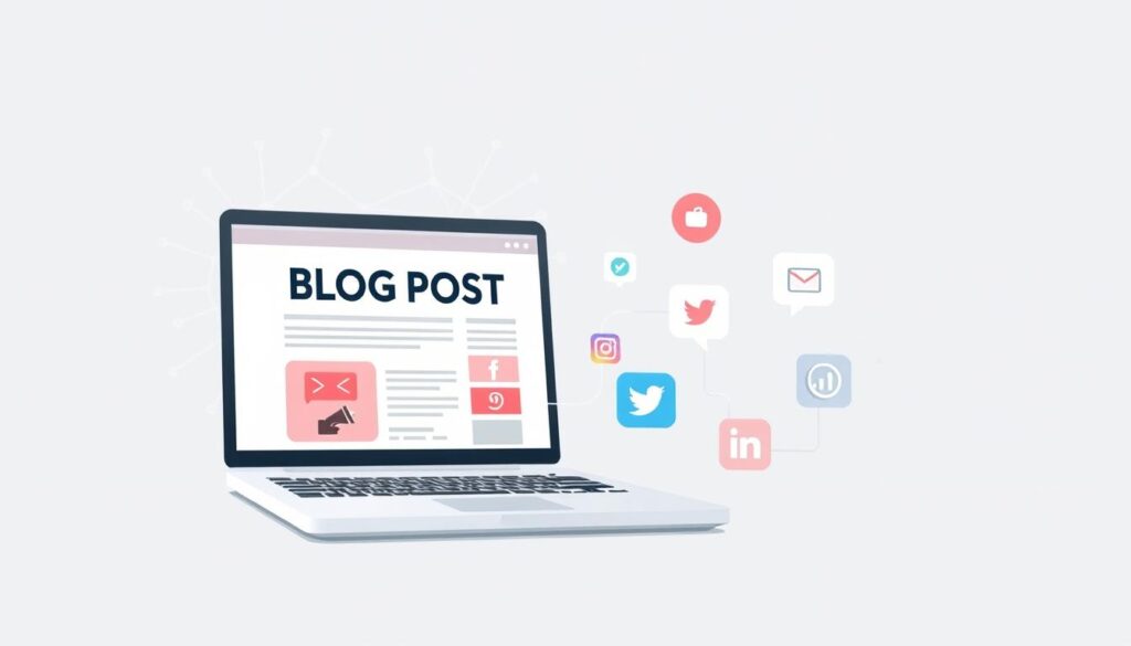 A modern, minimalist blog post promotion illustration. In the foreground, a stylized laptop displays a blog post with eye-catching graphics. The middle ground features various social media icons, symbolizing the promotion of content across digital platforms. In the background, a clean, geometric pattern creates a sense of structure and organization. The lighting is soft and diffused, lending a professional, polished aesthetic. The overall composition conveys the idea of effectively promoting a WordPress blog through a visually appealing and well-designed approach.