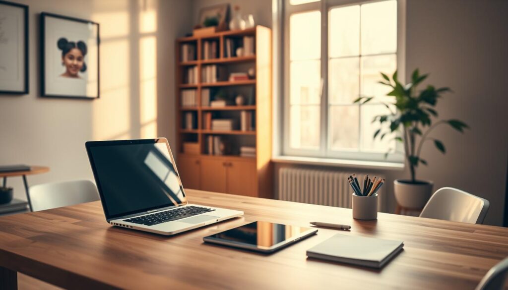 A neatly arranged workspace with a laptop, tablet, and stationery on a minimalist wooden desk. The room is bathed in warm, natural lighting from a large window, creating a cozy and inviting atmosphere. In the background, a bookshelf filled with educational materials and a potted plant add a touch of sophistication. The overall scene conveys a serene and productive environment, ideal for online tutoring sessions.