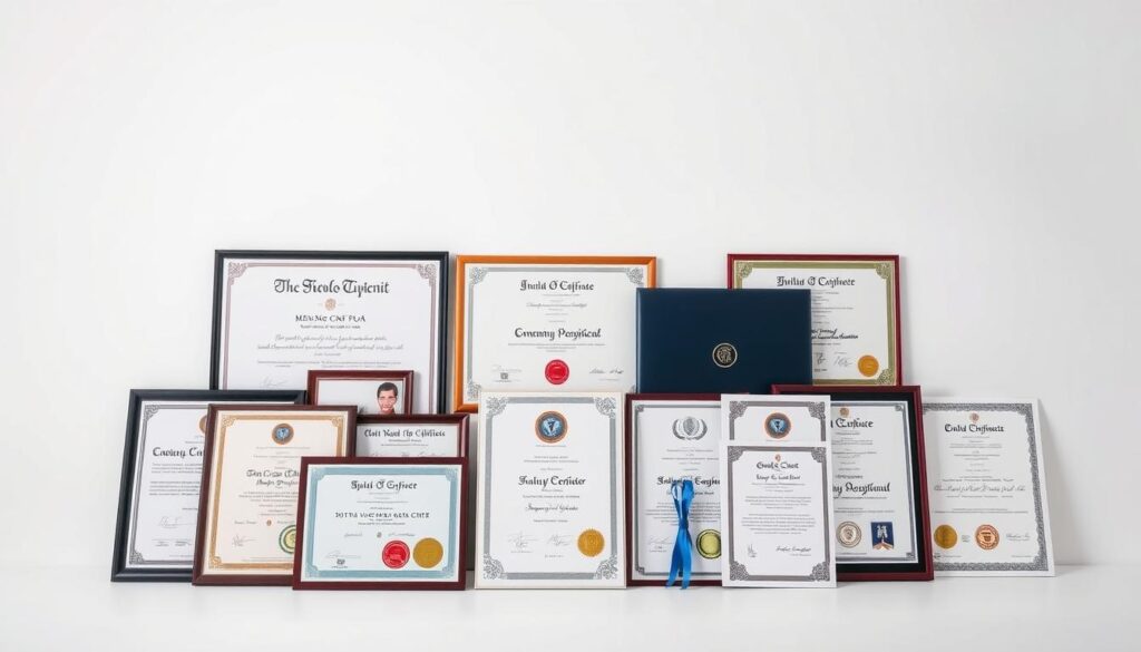 A neatly organized arrangement of various professional certification documents, including diplomas, licenses, and industry-recognized credentials, against a clean white background. The certifications are displayed in a visually appealing manner, highlighting their importance and relevance. The lighting is soft and diffused, creating a professional and authoritative atmosphere. The camera angle is slightly elevated, giving the viewer a sense of the certifications' significance and the subject's accomplished academic and professional journey. A neatly organized arrangement of various professional certification documents, including diplomas, licenses, and industry-recognized credentials, against a clean white background. The certifications are displayed in a visually appealing manner, highlighting their importance and relevance. The lighting is soft and diffused, creating a professional and authoritative atmosphere. The camera angle is slightly elevated, giving the viewer a sense of the certifications' significance and the subject's accomplished academic and professional journey.