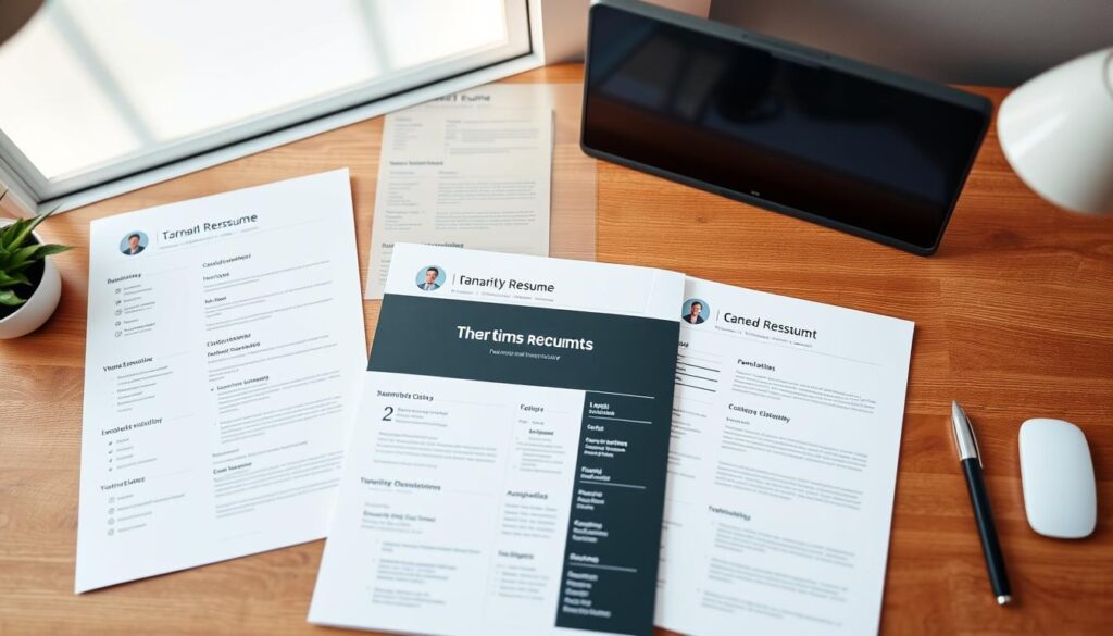 A neatly organized collection of industry-specific resume examples, displayed on a wooden desk with a minimalist style. The resumes feature clean typography, balanced layouts, and relevant icons or graphics to highlight key information. Soft, natural lighting illuminates the scene, creating a professional and inviting atmosphere. The focus is on the resumes themselves, showcasing their versatility and adaptability for different career paths.
