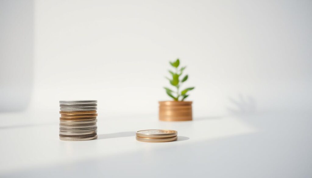 A serene, minimalist composition showcasing the benefits of zero-investment side hustles. In the foreground, a simple stack of coins rests on a clean, white surface, symbolizing the financial gains without initial capital. The mid-ground features a lush, verdant plant, representing the organic growth and sustainability of these ventures. In the background, a soft, diffused light creates a calming, dreamlike atmosphere, conveying the effortless nature of these zero-investment opportunities. Crisp, high-resolution, photorealistic rendering with a Canon EOS R5 camera and a 50mm f/1.2L USM lens, using natural lighting.