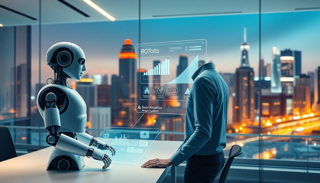 A sleek, futuristic scene depicting the cutting-edge world of robotic process automation. In the foreground, a modern office workspace with a humanoid robot assistant collaborating seamlessly with a human colleague, showcasing the effortless integration of AI-powered automation. The middle ground features a holographic display projecting real-time data analytics and workflow optimizations, while the background is filled with a cityscape of towering skyscrapers, hinting at the scalability and transformative potential of these technologies. The lighting is a balance of warm, ambient tones and cool, dynamic highlights, creating a sense of technological sophistication and innovation. Captured with a wide-angle lens to convey the comprehensive nature of this automation ecosystem.