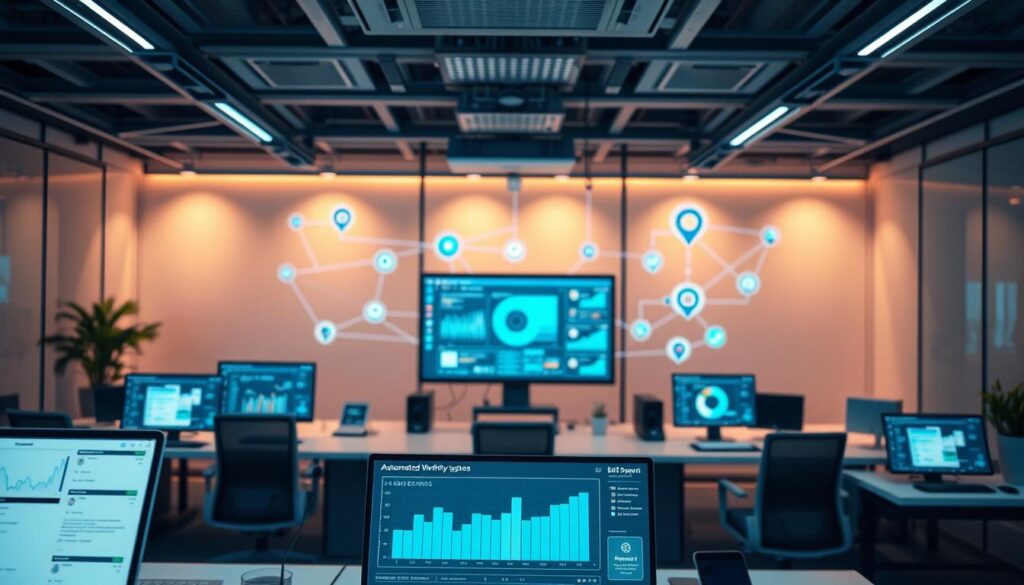 A sleek, modern office setting with an array of interconnected digital devices and screens showcasing automated workflow systems. Warm, ambient lighting casts a soft glow, highlighting the clean, minimalist aesthetic. In the foreground, a stylized dashboard displays real-time data and insights, while in the background, a network of seamlessly integrated software applications and AI-powered tools automate various business processes. The overall atmosphere conveys efficiency, productivity, and the power of technology to streamline daily tasks.