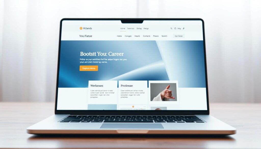 A sleek, modern website displayed on a laptop screen, with a clean and minimalist design. The layout features a hero section with a large, high-quality image or background, complemented by a prominent call-to-action button. The navigation menu is streamlined and intuitive, guiding the user through the website's sections. In the middle ground, there are well-organized and visually appealing content blocks showcasing the website's key features or services. The background is softly blurred, placing the focus on the website's interface. The overall atmosphere is professional, elegant, and inviting, reflecting the high-quality standards of a personal website designed to boost one's career.
