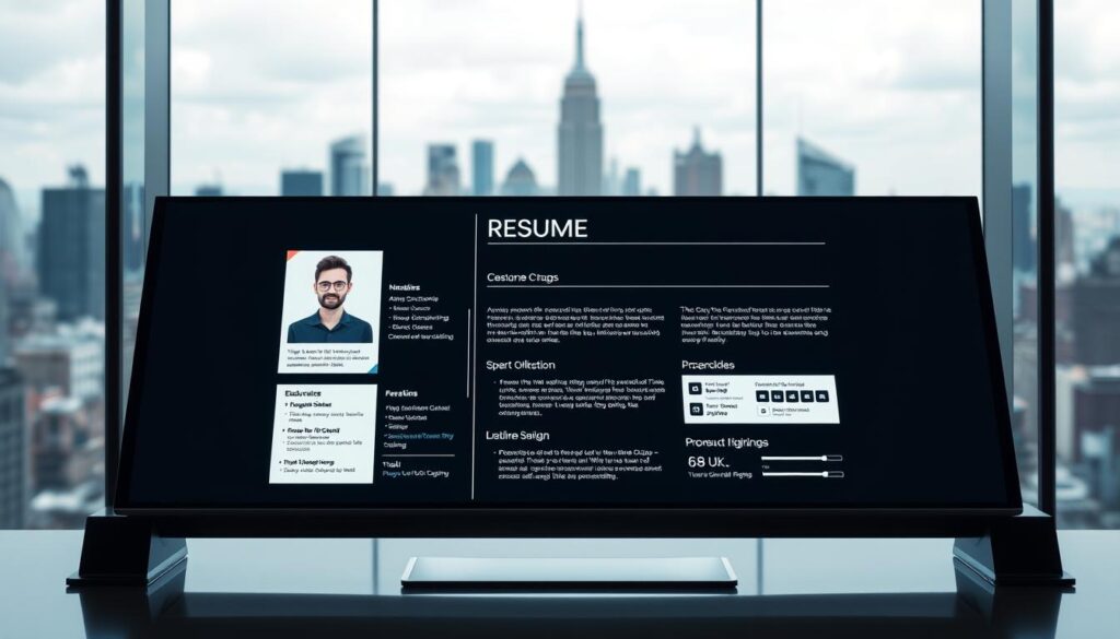 A sleek, well-designed digital resume presented on a large high-resolution display, with a clean minimalist aesthetic. The resume showcases the subject's professional achievements and skills using a visually engaging and interactive format. The background features a blurred landscape of urban skylines, suggesting a dynamic and forward-thinking environment. Subtle lighting from the sides and above creates depth and highlights the resume's key sections. The overall composition conveys a sense of sophistication, innovation, and personal brand.