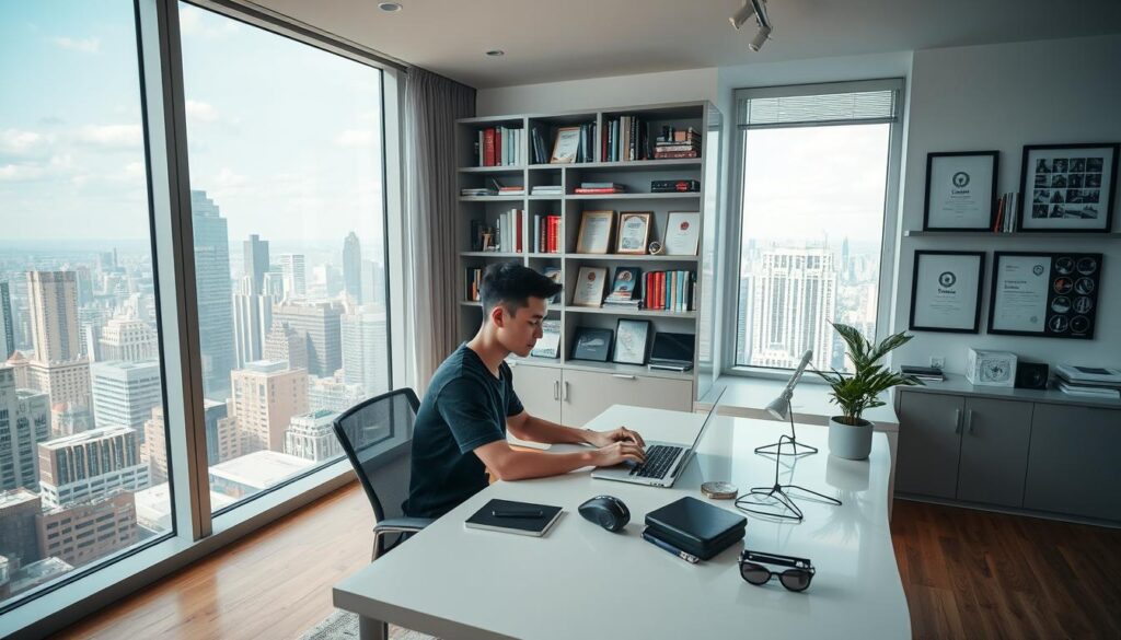A stylish, well-lit studio apartment, with floor-to-ceiling windows offering a panoramic view of a bustling cityscape. In the foreground, a young, casually dressed software developer sits at a modern, minimalist desk, intently focused on a laptop screen. Their workspace is neatly organized, with a mix of high-tech gadgets, designer accessories, and a few personal touches, like a thriving potted plant. The background features a sleek, modern bookshelf filled with programming books and technical manuals, along with framed certificates and awards, hinting at their expertise and achievements. The overall atmosphere is one of professionalism, creativity, and a passion for their craft.