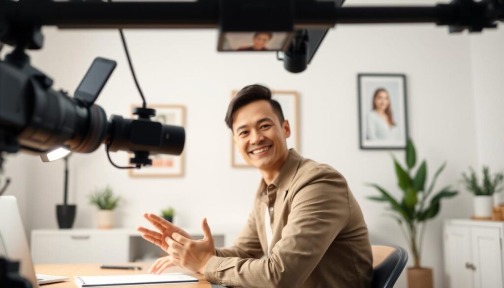 A well-composed virtual job interview scene, shot with a professional camera lens. In the foreground, a person sitting upright at a desk, with confident and engaged body language - hands gesturing, head tilted, making direct eye contact. The middle ground features a high-quality webcam and professional lighting setup, creating a soft, flattering illumination. The background is a clean, uncluttered home office space, with tasteful decor elements like plants and artwork. The overall mood is one of professionalism, poise, and a positive, assured presence. The lighting, framing, and body language work in harmony to convey an impression of preparedness and executive presence.