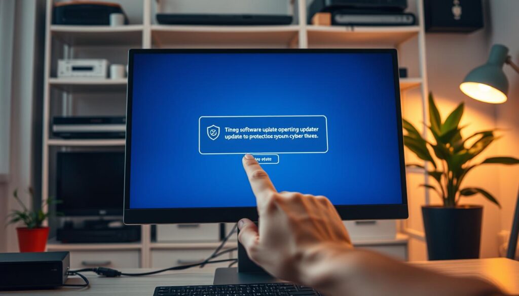 A well-lit desktop computer screen displaying a software update prompt, with a hand using a computer mouse to initiate the update process. In the background, a tidy office space with shelves of organized tech devices and a potted plant for a touch of natural greenery. Soft, warm lighting casts a subtle glow, creating a sense of productivity and security. The overall scene conveys the importance of keeping operating systems updated to protect against cyber threats, presented in a clean, professional manner.