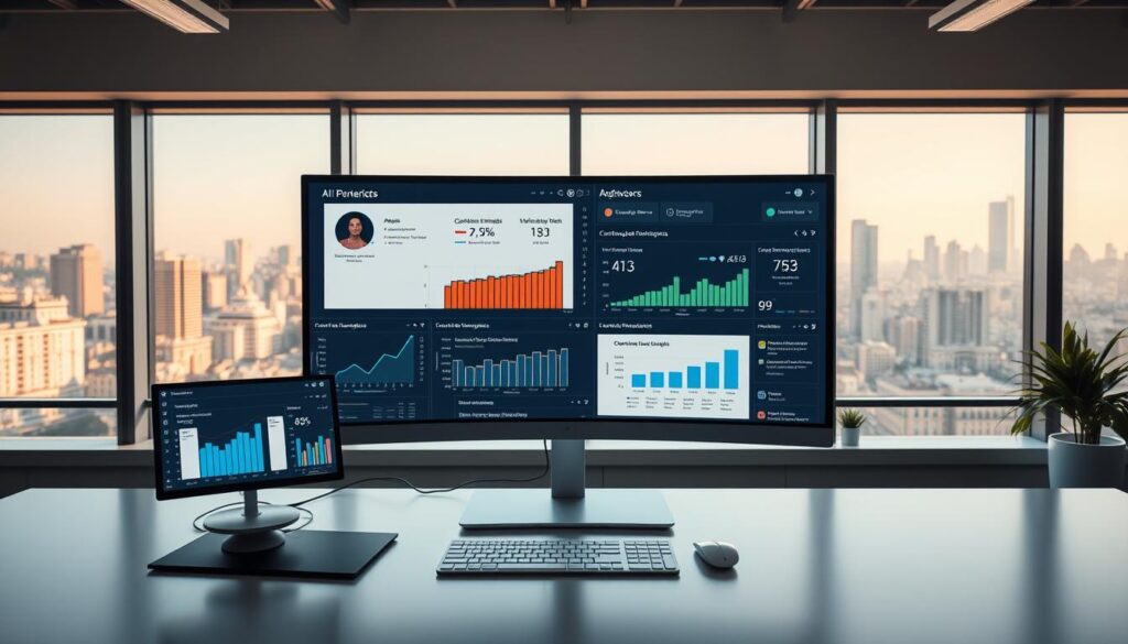 A well-lit office workspace with a sleek, minimalist desk setup. On the desk, various AI-powered analytics tools and dashboards are displayed on high-resolution monitors, showcasing key performance metrics, content engagement data, and optimization recommendations. The scene is bathed in warm, natural lighting, creating a productive and focused atmosphere. In the background, a large window overlooks a bustling city skyline, hinting at the broader digital landscape in which these AI tools operate. The composition emphasizes the symbiotic relationship between human creativity and AI-driven content analysis, empowering digital marketers and content creators to make data-informed decisions.