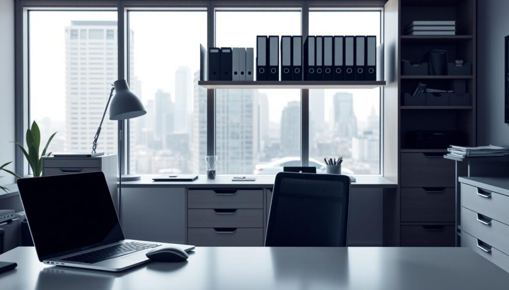 A well-organized and clutter-free workspace with sleek, minimalist design elements. In the foreground, a stylish desk with clean lines, housing a laptop, wireless mouse, and a few carefully placed office supplies. The middle ground features a modern filing cabinet and a floating shelf displaying neatly arranged binders and folders. The background showcases a large window with bright, natural lighting, showcasing a serene, urban cityscape. The overall atmosphere is one of efficiency, productivity, and a sense of calm control over the work environment.