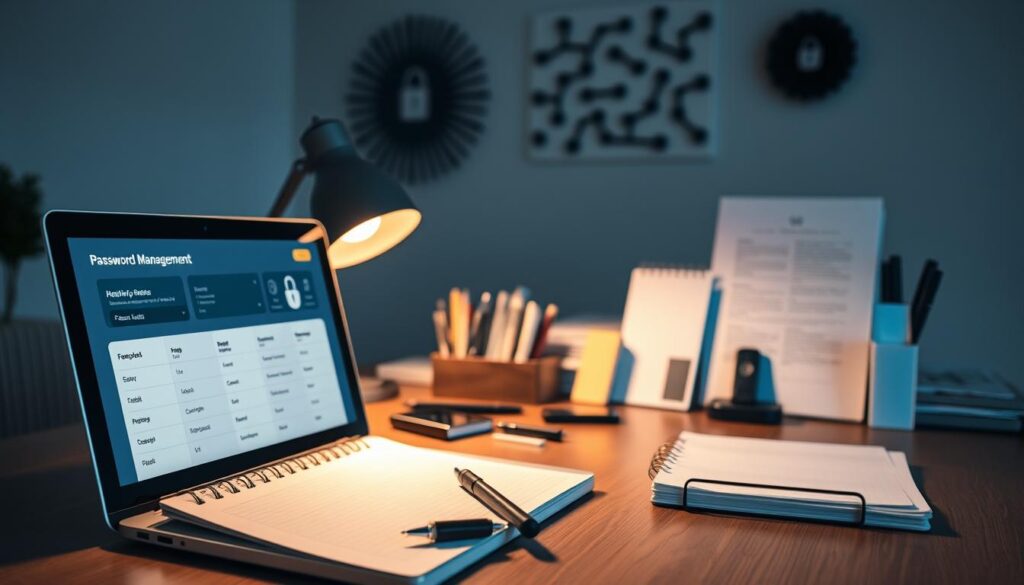 A well-organized office desk with neatly arranged gadgets and documents, illuminated by warm, ambient lighting. In the foreground, a laptop displays a password management application with clear, intuitive icons. On the desk, a stylish notebook and pen stand ready for note-taking. The middle ground features various cybersecurity-themed items, such as a secure USB drive and a two-factor authentication device. The background showcases a minimalist, modern wall decor, emphasizing the importance of password management in a digital world.