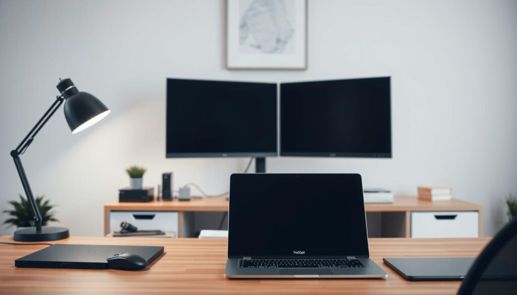 A well-organized office workspace with a minimalist aesthetic. The foreground features neatly arranged office supplies, including a sleek laptop, a wireless mouse, and a stylish desk lamp. The middle ground showcases a modern monitor setup, with cables discreetly managed. In the background, a clean, white wall with a simple, framed artwork provides a calming and professional ambiance. The lighting is soft and diffused, creating a sense of balance and productivity. The scene conveys a sense of efficiency and technological integration, reflecting the theme of "Connectivity and Network Setup".