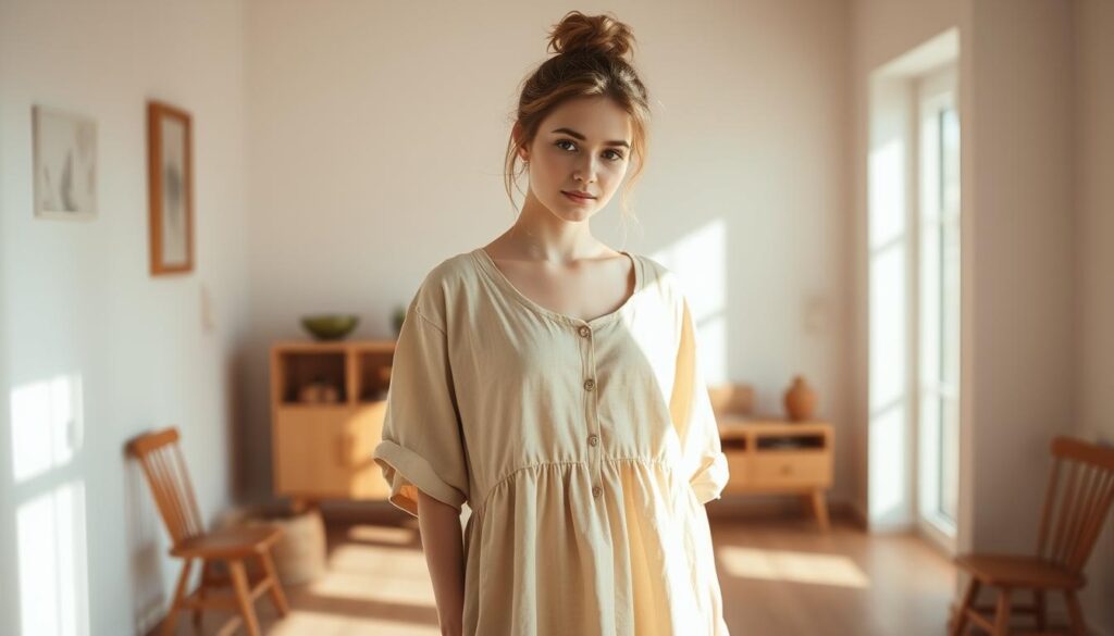 A young woman stands in a sun-drenched room, her outfit exuding the essence of the "Vanilla Girl" aesthetic. Dressed in a flowing beige linen dress, she radiates a serene, effortless charm. Her hair, in a messy bun, frames her face softly. The lighting is warm and diffused, creating a cozy, inviting atmosphere. In the background, simple wooden furniture and muted tones evoke a minimalist, Scandinavian-inspired interior. The overall impression is one of understated elegance, a celebration of the quiet beauty in the everyday. The scene conveys a sense of tranquility and thoughtful curation, challenging the notion that "Vanilla" is synonymous with "boring."
