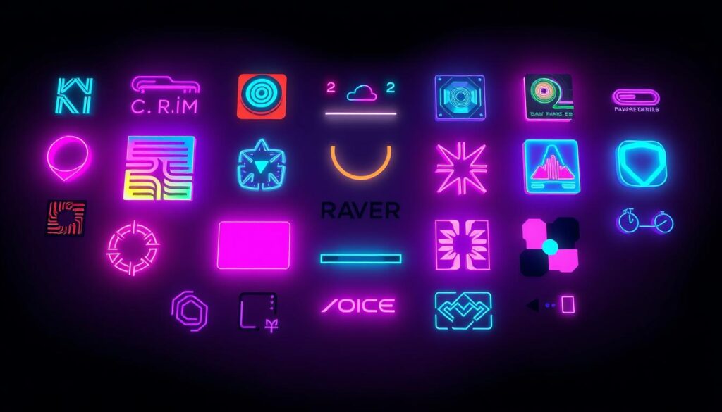 An array of sleek, digitally-rendered branding assets in a minimalist, high-contrast aesthetic. Neon-tinged geometric shapes, gradient-filled patterns, and abstracted iconography float against a moody, vaporwave-inspired backdrop. Cinematic depth-of-field and dramatic lighting draw the eye to the core design elements, showcasing their visual impact and modern, future-forward appeal. The overall composition conveys a sense of bold, cutting-edge identity design for the digital age.