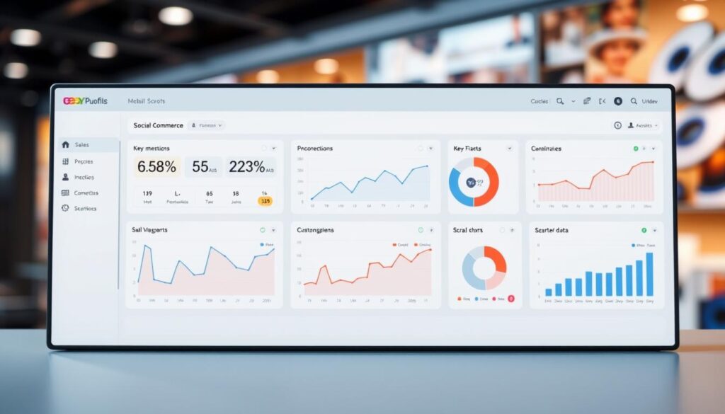 An immersive social commerce analytics dashboard with a sleek, modern interface. In the foreground, a clean grid layout displays key performance metrics such as sales, conversions, and customer engagement. The middle ground features customizable data visualizations, including interactive line graphs, pie charts, and scatter plots. The background showcases a blurred social media feed, emphasizing the real-time, social nature of the insights. Soft, directional lighting casts a professional, yet approachable atmosphere. The overall design strikes a balance between functionality and aesthetics, reflecting the importance of data-driven decision making in the world of social commerce.