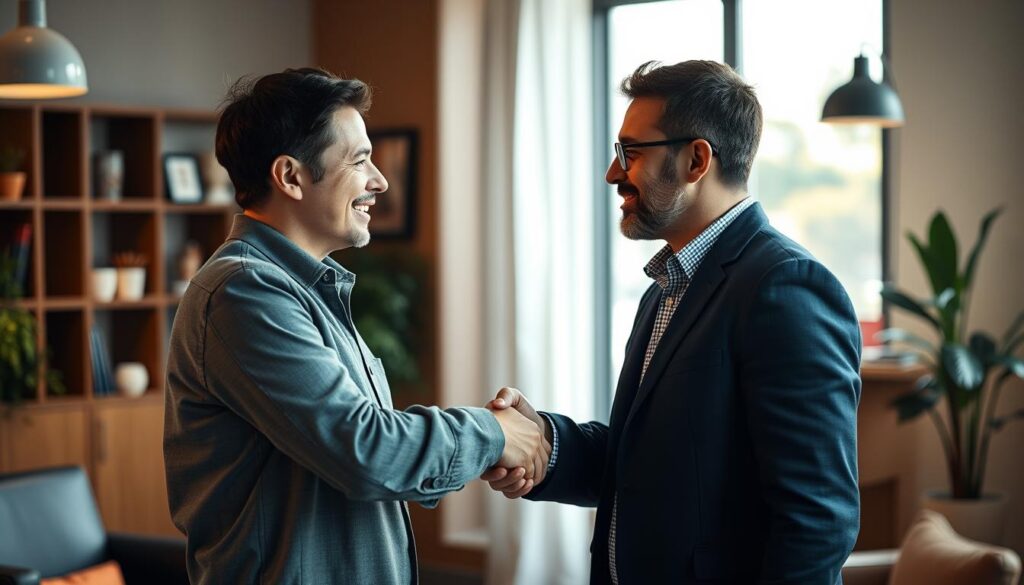 An intimate handshake between two individuals, conveying a sense of trust, mutual understanding, and a genuine connection. The scene is set in a cozy, well-lit office space, with a minimalist yet warm decor. The lighting casts a soft, natural glow, highlighting the sincerity in their expressions and the slight tension in their posture as they engage in a meaningful discussion. The background is slightly blurred, allowing the viewer to focus on the two central figures and the authenticity of their partnership.