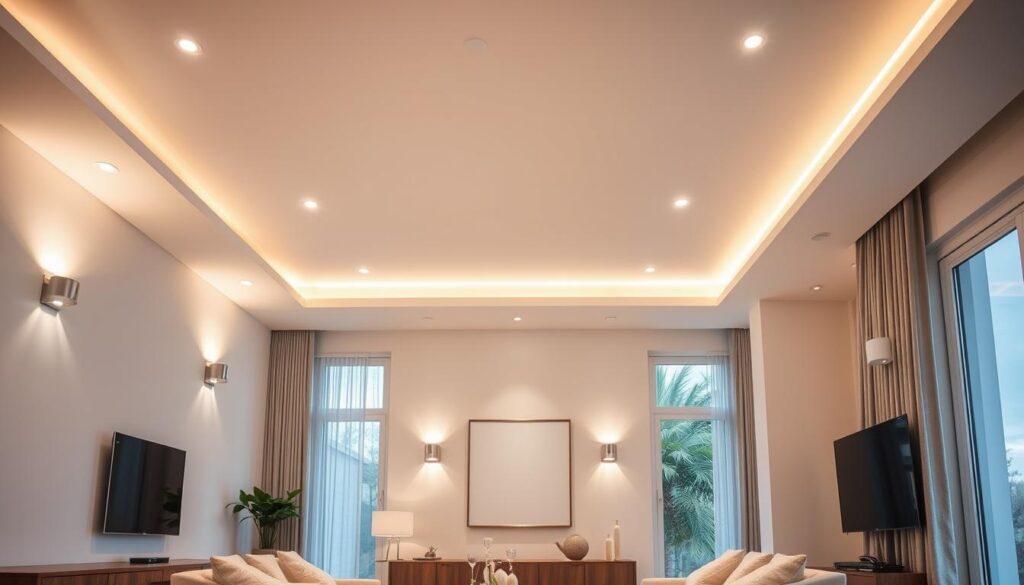 Bright, energy-efficient smart lighting options arranged in a sleek, modern home interior. Recessed ceiling lights and wall sconces illuminate the space, casting a warm, ambient glow. A central smart lighting control panel or app allows for precise customization of brightness, color temperature, and scheduling to optimize energy usage. Minimalist furniture and decor create a clean, uncluttered look that showcases the thoughtful integration of smart technology. Large windows allow natural daylight to filter in, complementing the artificial lighting and contributing to an overall sense of efficiency and sustainability.
