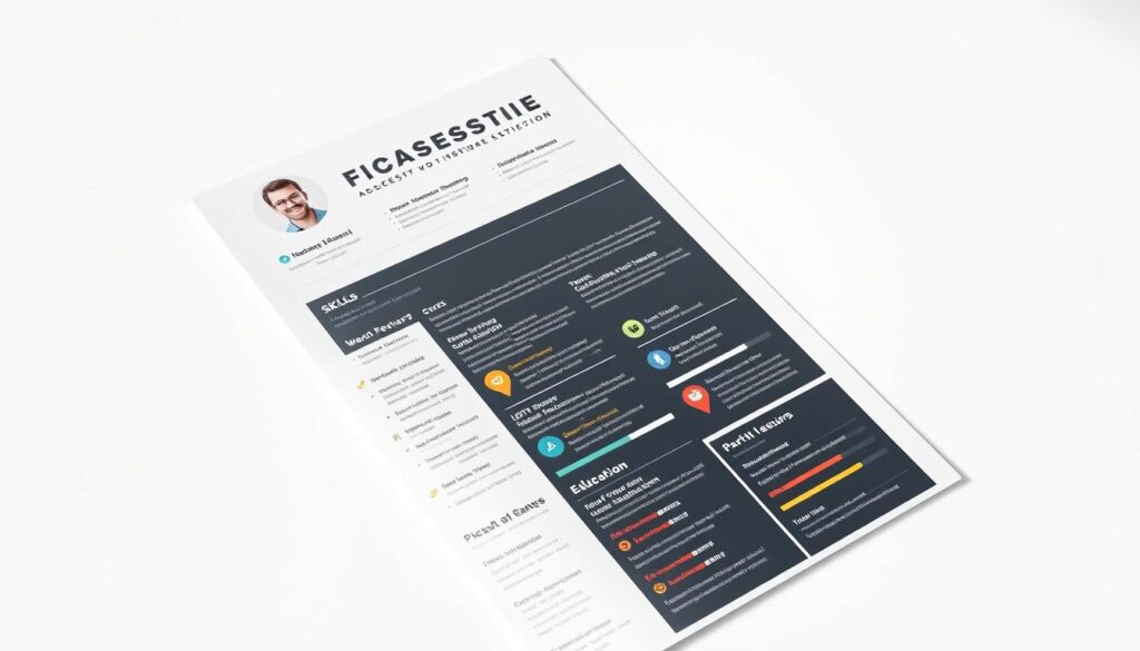 a detailed digital resume with various successful features, including a modern and visually appealing layout, headshots, infographics, skills section, work history, education, and contact information. The resume is presented on a clean white background, with a soft, natural lighting that highlights the various elements. The overall design is sleek and professional, with a balance of text and visual elements that make the information easy to navigate and digest.
