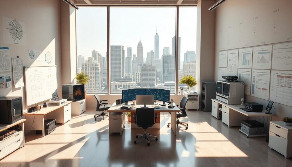 a vivid and detailed interior scene depicting a workspace for AI programming case studies, with a large central desk surrounded by computer equipment, whiteboards, and various technical diagrams and charts on the walls. The lighting is bright and natural, filtering in through large windows that offer a view of a modern city skyline in the background. The overall mood is one of focused productivity and intellectual discovery, with a sense of the cutting edge of technology and innovation. The angle is a slightly elevated perspective, giving a panoramic view of the workspace and conveying a sense of the scope and importance of the work being done.