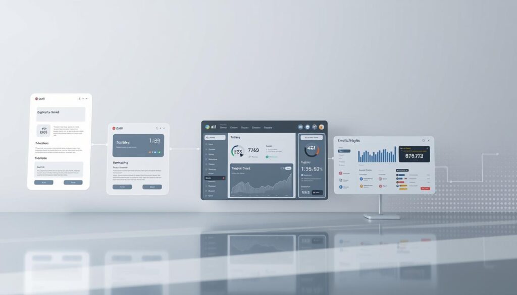 An AI-powered email automation workflow depicted against a sleek, minimalist backdrop. In the foreground, a series of interconnected email templates, segmentation filters, and scheduling tools float above a clean, metallic surface, bathed in crisp, directional lighting. In the middle ground, a sleek dashboard with real-time analytics and campaign performance metrics. The background features a subtle, pulsing grid pattern, symbolizing the intelligent algorithms powering the automation. The overall mood is one of efficiency, precision, and technological sophistication, reflecting the power of AI to streamline email marketing campaigns.